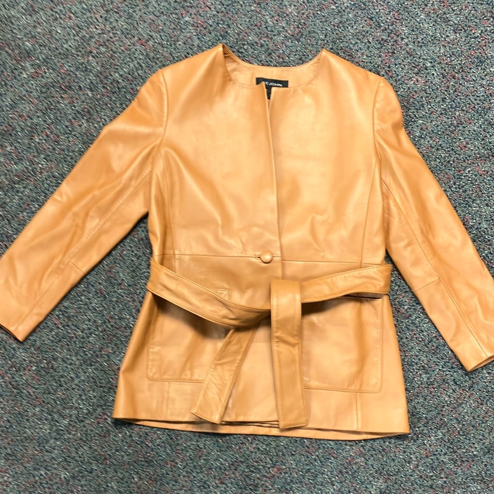 St. John Tan Leather Jacket with Belt and Collarless Design